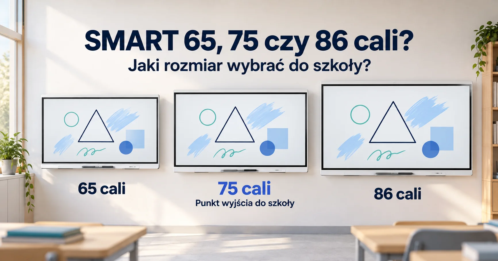 Monitory interaktywne SMART 65, 75 i 86 cali — porównanie rozmiarów do szkoły