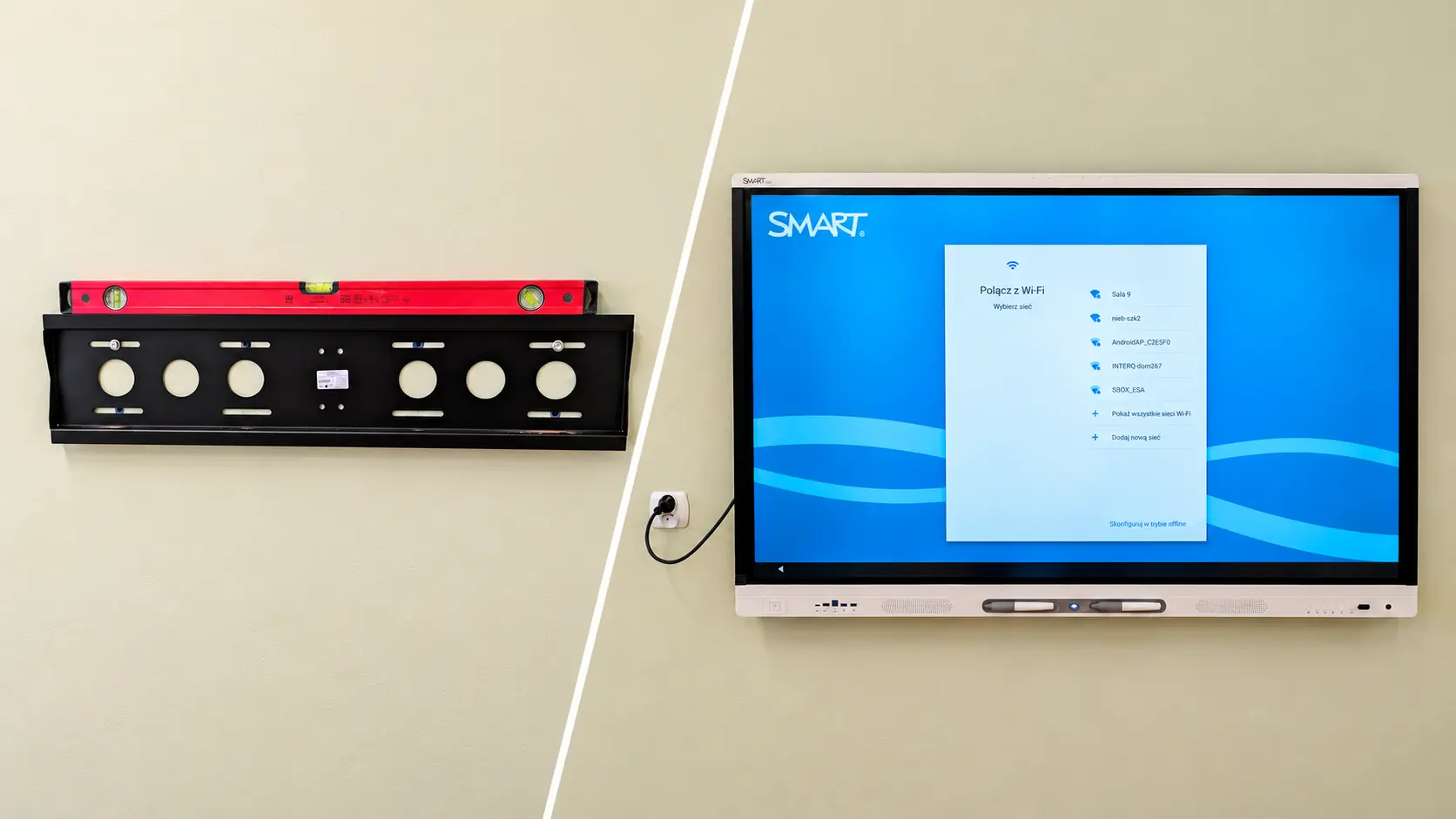 Montaż monitora interaktywnego – uchwyt na ścianie i zamontowany monitor