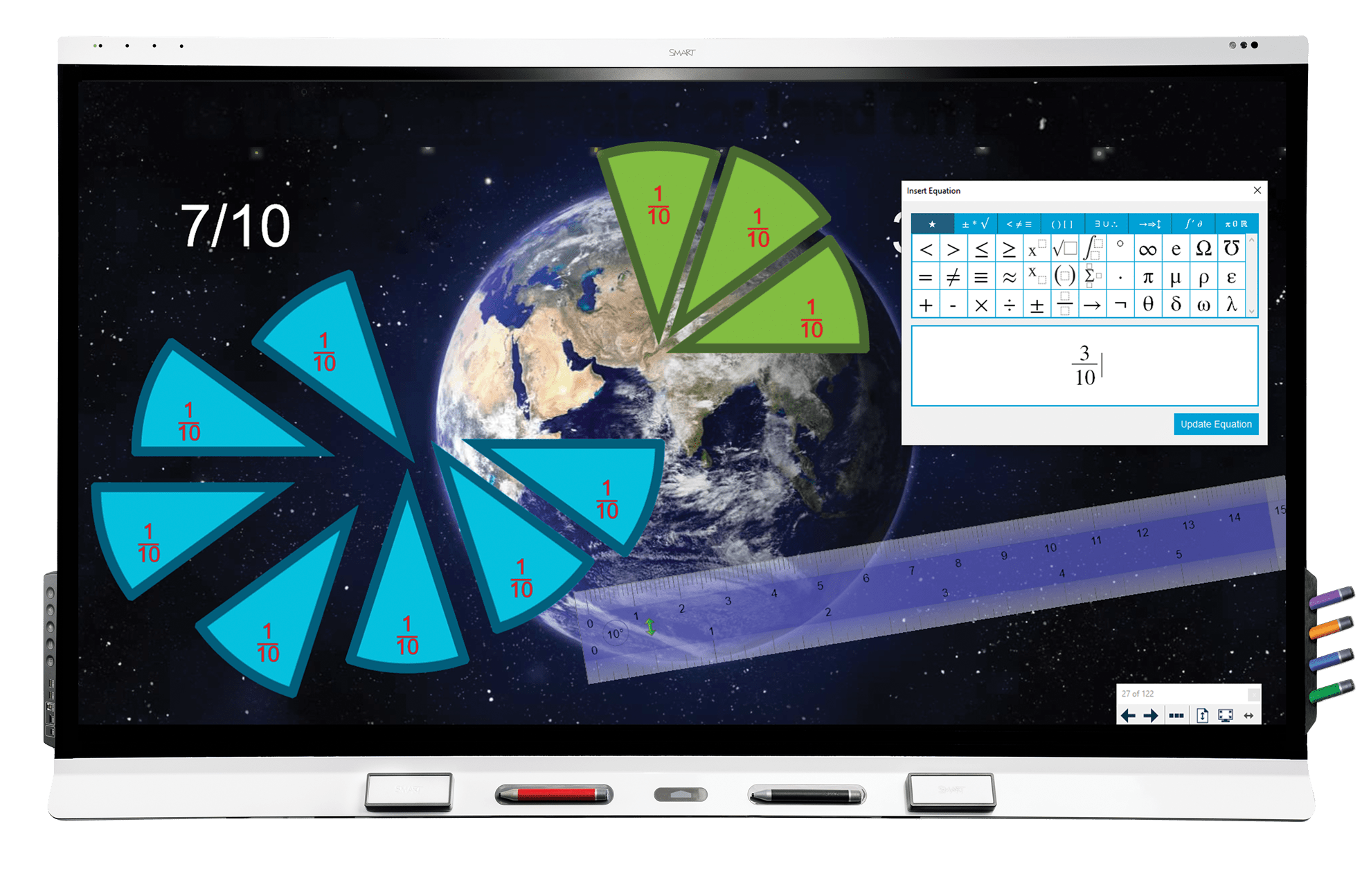 Materiał SMART Notebook z ułamkami, edytorem równań i linijką na ekranie monitora.